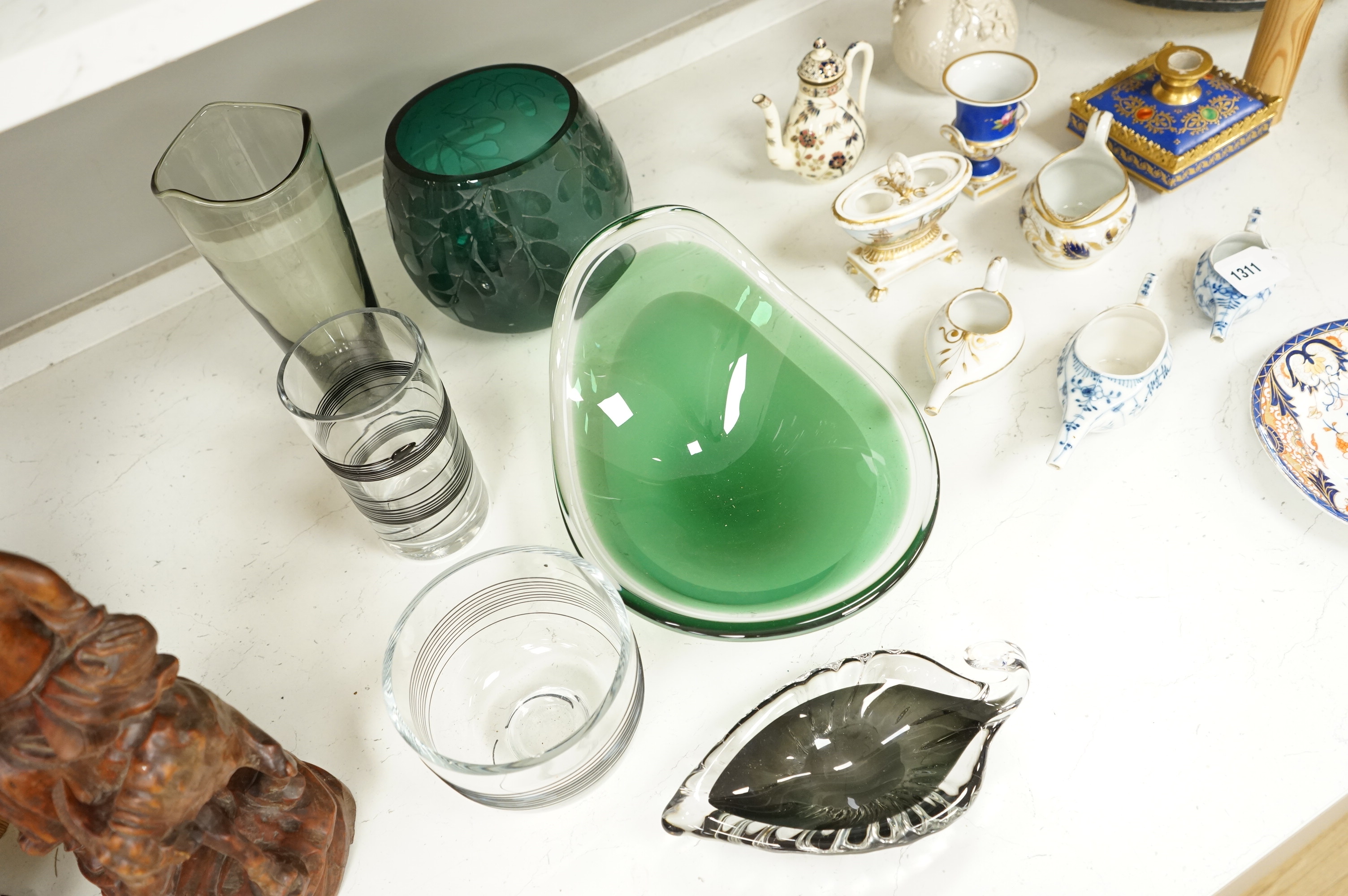 Bertil Vallien for Kosta Boda, an art glass bowl and vase, Holmegaard smoke-glass vase, Ken Benson vase and two other items, largest 31cm wide